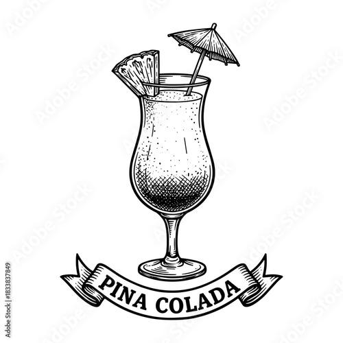 Pina Colada cocktail with pineapple wedge and umbrella