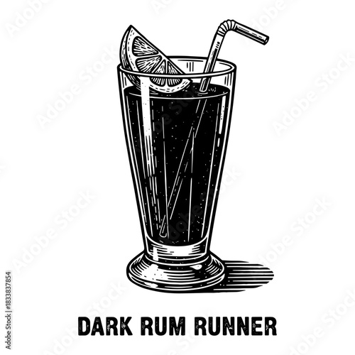 Dark Rum Runner cocktail with lime wedge and straw
