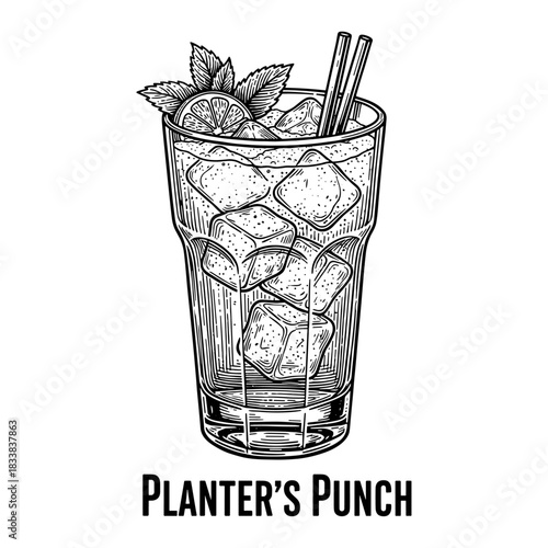 Planter's Punch cocktail with mint, lime, and ice