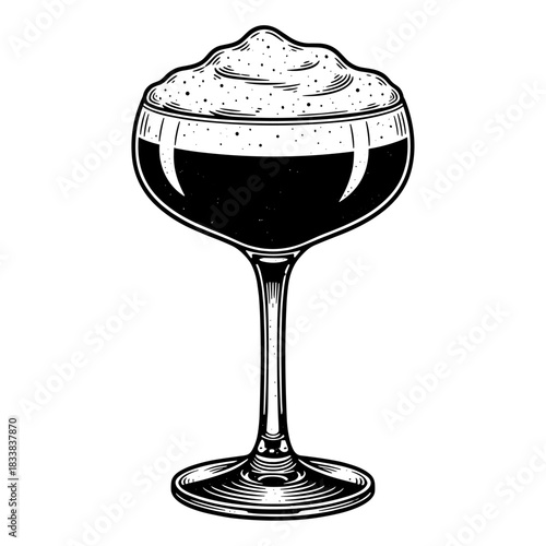 Clover club cocktail in coupe glass with vintage engraving style