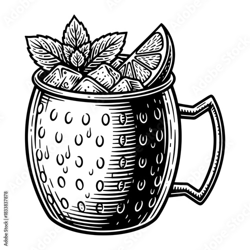 Moscow Mule cocktail in copper mug with mint and lime