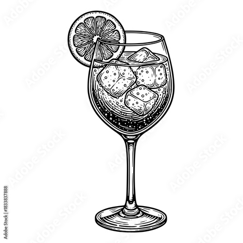 Cocktail with lemon slice garnish on wine glass rim