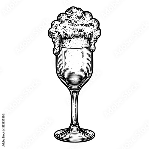 Foamy drink in champagne flute with vintage engraving style
