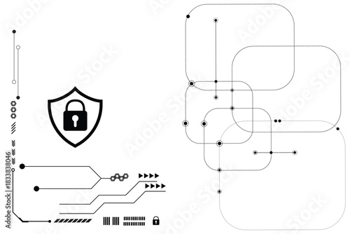 Digital technology concept, cyber security, data protection, internet network connection, prominent shield in the center HUD on white background.