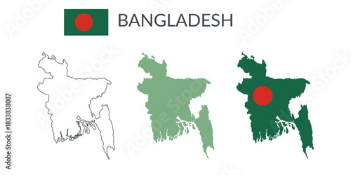 Bangladesh geographical borders isolated on white background. Flag of Bangladesh. Vector flat cliparts.