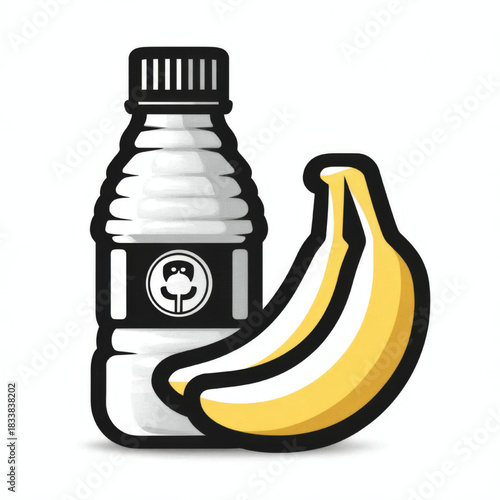 Minimalist icon of a milk bottle and banana in black, white, and yellow representing a healthy snack, isolated on white