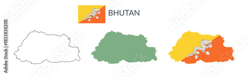 Bhutan geographical borders isolated on white background. Flag of Bhutan. Vector flat cliparts.