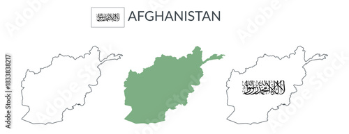 Afghanistan geographical borders isolated on white background. Flag of Afghanistan. Vector flat cliparts.