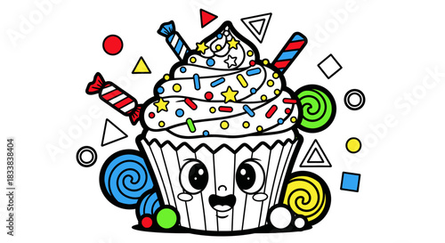 Colorful cartoon cupcake adorned with candies and playful geometric shapes, festive background