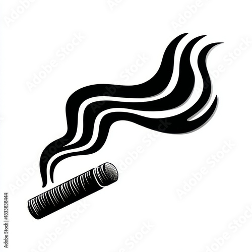 Minimalist smoking icon in black and white representing a lit cigar or cigarette with smoke, isolated on white