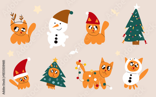 Christmas cats character set with Santa hats, snowmen and decorated tree. Illustration for holiday cards, stickers, kids design, packaging, social media, textile print