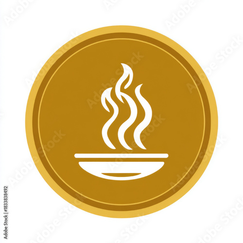 Flat design food icon in white and gold representing a hot meal or restaurant, isolated on white