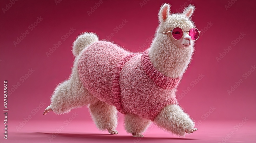 Obraz premium Stylish llama rocks pink shades and sweater against vibrant backdrop, bringing a touch of playful charm and whimsical elegance to any creative project