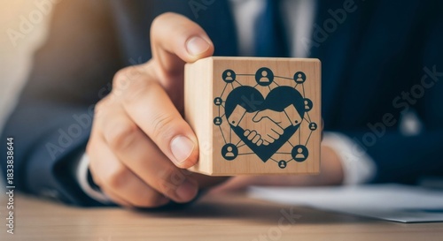 Emotional intelligence in the workplace. Hand holding heart-handshake block showing human-centric leadership and employee connection.
