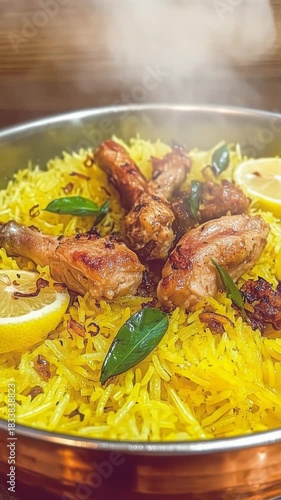 A vibrant chicken and rice dish steams in a rustic pot. Golden chicken pieces are garnished with fresh lemon and herbs.