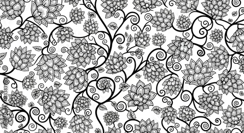 Intricate black and white floral pattern featuring lotus flowers and swirling vines