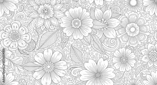 Intricate floral pattern featuring various flowers and leaves in a detailed line art style