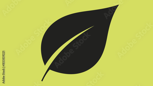A simple, stylized illustration of a single black leaf against a yellow-green background.