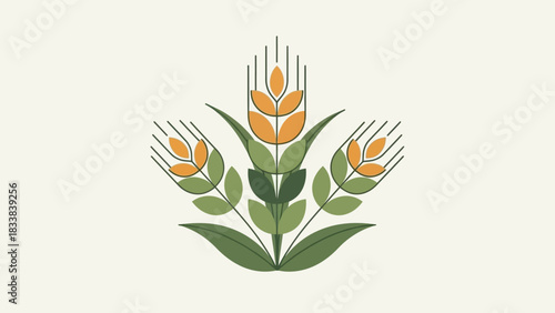 Stylized illustration of three wheat stalks with green leaves on a light background.