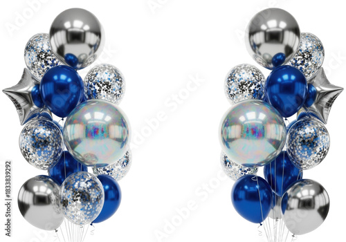 lavish studio still life of chrome silver mylar, sapphire, and iridescent balloons framing white copy space, with falling silver glitter suspended mid-air. glamorous birthday celebration aesthetic