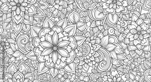 Intricate floral pattern featuring various flowers and leaves in a detailed line-drawing style