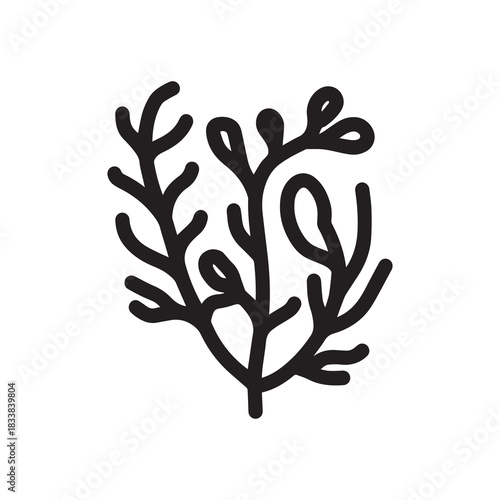 Coral wavy branches Black outline illustration resemble marine vegetation white background.