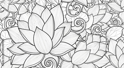 Detailed line drawing of lotus flowers and leaves intertwined in a decorative pattern