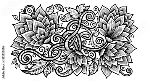 Intricate black and white floral design featuring intertwined vines and blooming flowers