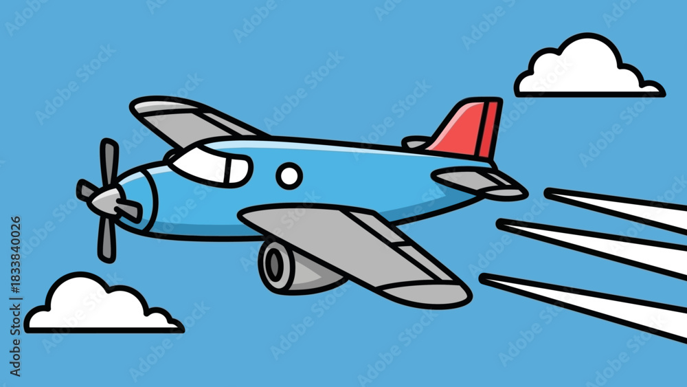 Naklejka premium Cartoon airplane flying through a blue sky with clouds and motion lines in the background