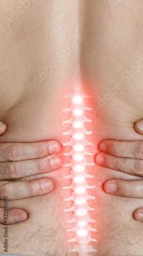 Man holding lower back with both hands showing glowing spine and nerve pain concept highlighting discomfort tension and spinal inflammation due to back pain