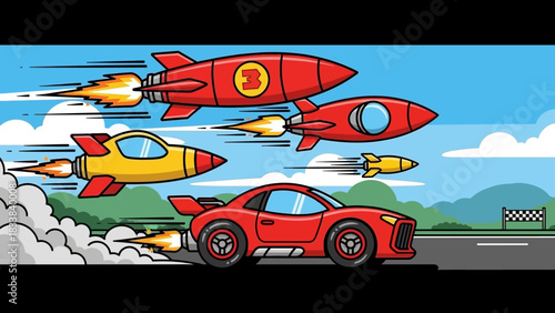 Cartoon-style race featuring a red car speeding alongside colorful rockets on a vibrant track