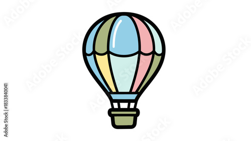 Colorful hot air balloon floating in a clear sky with vibrant stripes and cheerful design