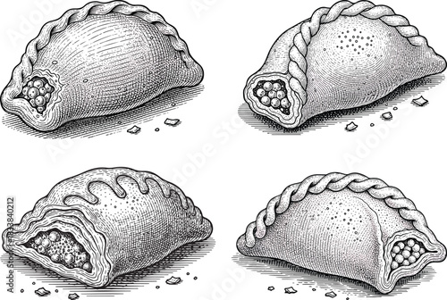 Vintage engraved Maltese pastizzi flaky shell icon set featuring stuffed pastry filling texture and classic traditional style