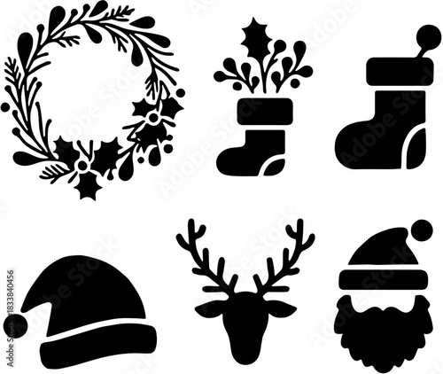Set of Christmas and Winter Holiday Black Silhouette Icons