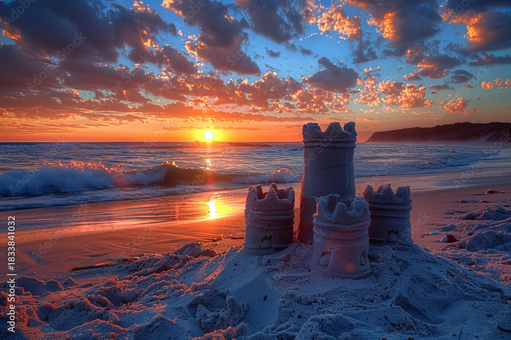 Obraz premium Majestic sandcastle illuminated by golden sunset light on a beautiful sandy beach