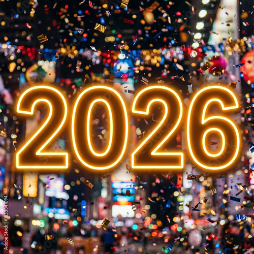 Vibrant 2026 new year celebration with glowing numbers and confetti
