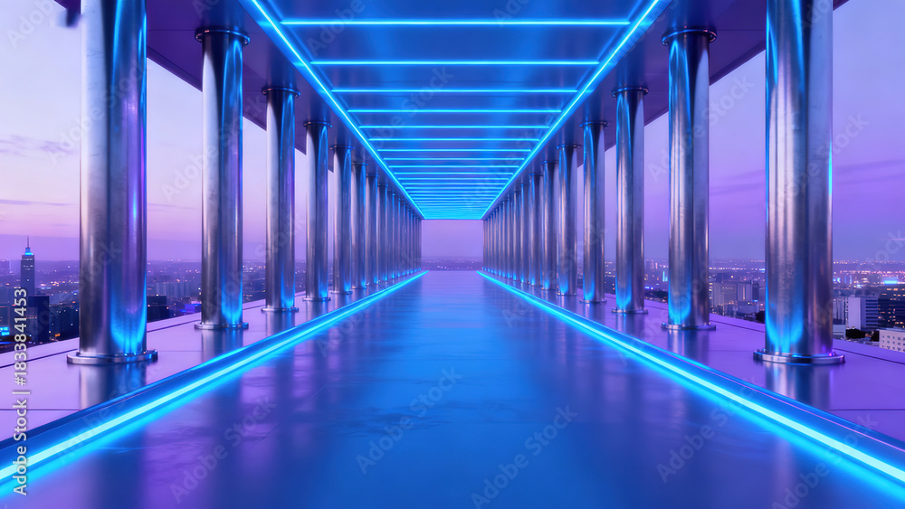 Fototapeta premium Blue Light Metal Column City Corridor 3D Scene