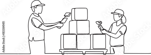 Warehouse workers are scanning goods. Warehousing concept one-line drawing. one line Icon drawing