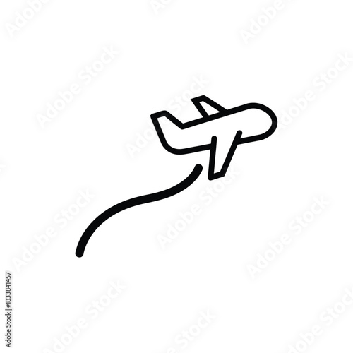 Minimalist vector illustration of an airplane flying with a curved path, representing air travel, departure, or arrival. Simple line art icon for aviation, journeys, and global transportation concepts