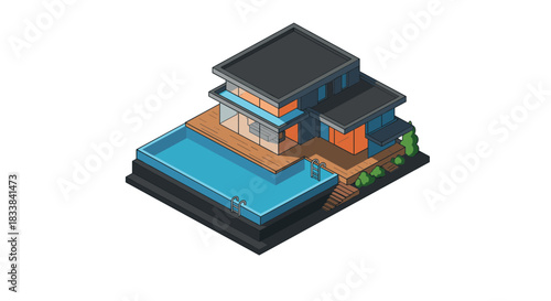 Modern isometric house with pool and garden elements