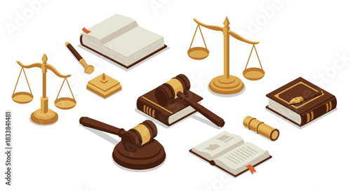 Isometric legal icons with scales, gavel, and law books
