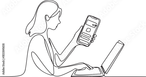 A woman completes an online transaction. Internet banking one-line drawing. one line Icon drawing