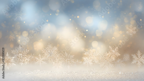 Elegant winter background featuring delicate snowflakes and soft bokeh lights creating a serene and festive atmosphere.