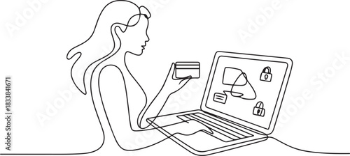 A woman completes an online transaction. Internet banking one-line drawing. one line Icon drawing