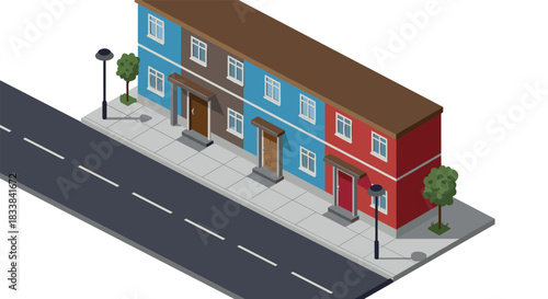 Isometric street view of colorful townhouses with trees and streetlights
