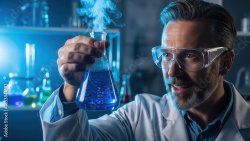 Teacher Holding Bubbling Flask in Dramatic Blue Lighting