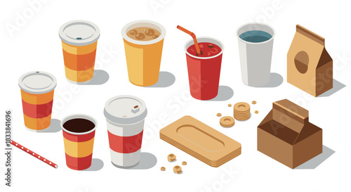 Modern fast food packaging and beverage containers in isometric style