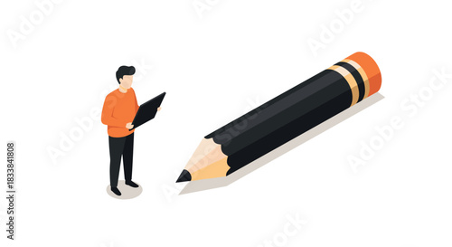 Isometric man holding tablet with giant pencil on white background