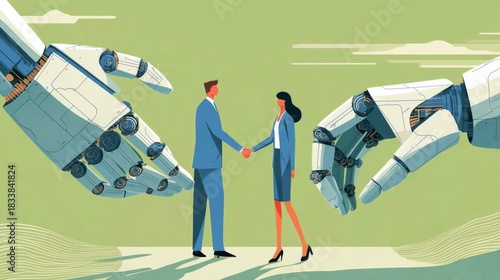 Business people collaborate with AI robotic arms