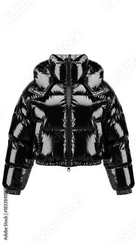 Glossy Black Puffer Jacket with Cropped Style and High Shine Finish
